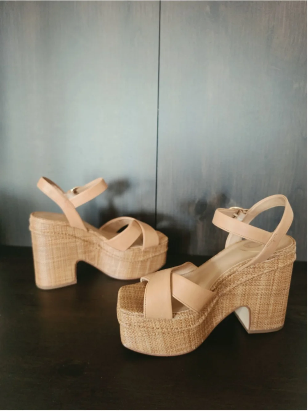 Sam Edelman Trianna LEATHER Woven Jute Raffia Block Heel Sandals 7.5 M Tan Brown